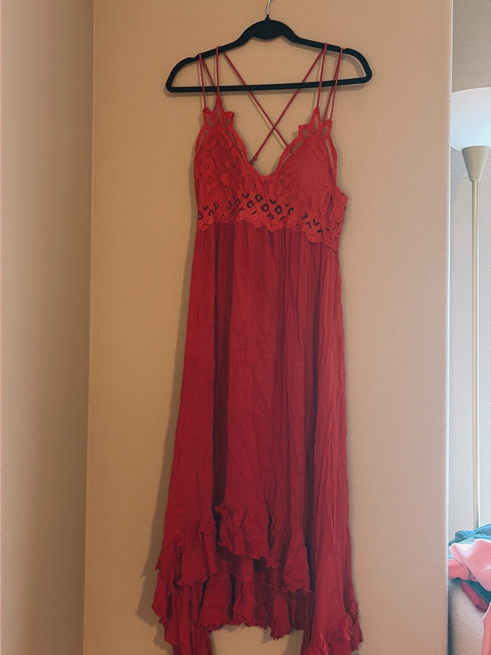 Red Lace-Trim Slip Dress, hi low, BoHo- orange